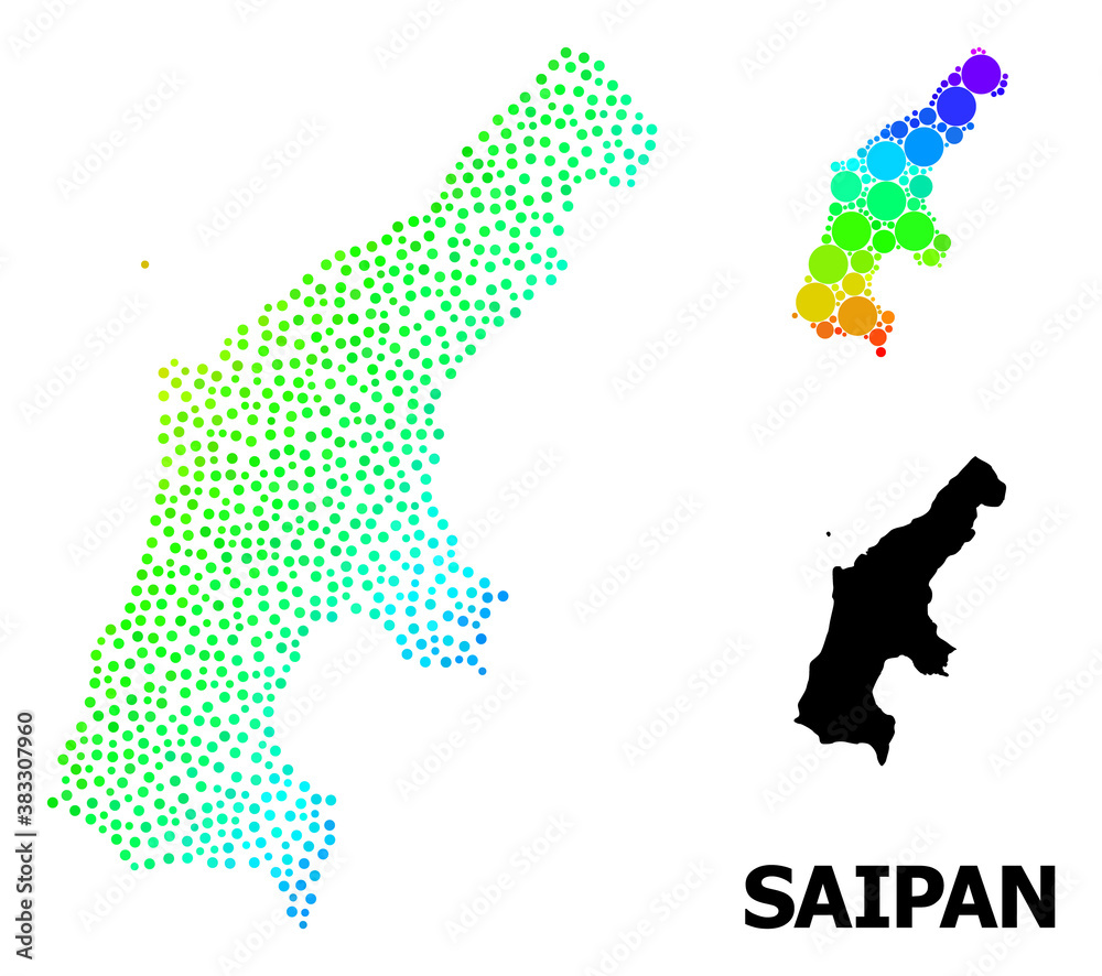 Obraz premium Pixel spectrum, and monochrome map of Saipan Island, and black tag. Vector structure is created from map of Saipan Island with circles. Collage is useful for geographic templates.