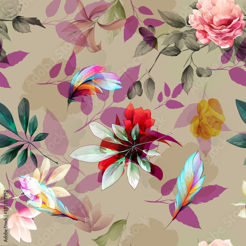 Seamless floral background pattern. Peony, abstract flowers with feather and leaves on pastel. Art for textile, fabric and other prints purpose. Hand drawn artwork, vector - stock. 