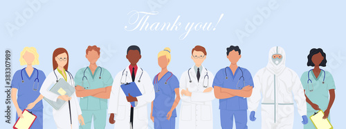 Doctors team. Medical staff doctor and nurse, group of medics. Bundle of friendly doctors wearing white coats and scurbs.