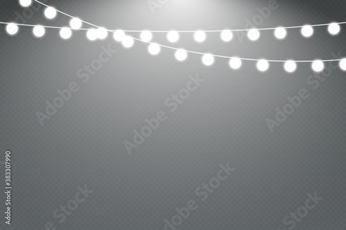 Christmas lights isolated realistic design elements. Christmas lights isolated on transparent background. Xmas glowing garland.