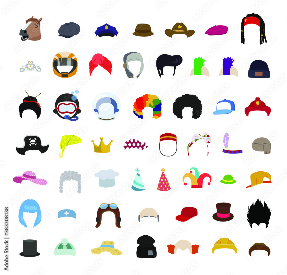 Sombreros, gorras, pelucas y accesorios. Lindos disfraces de dibujos  animados para carnaval o photocall divertido. Stock Vector | Adobe Stock