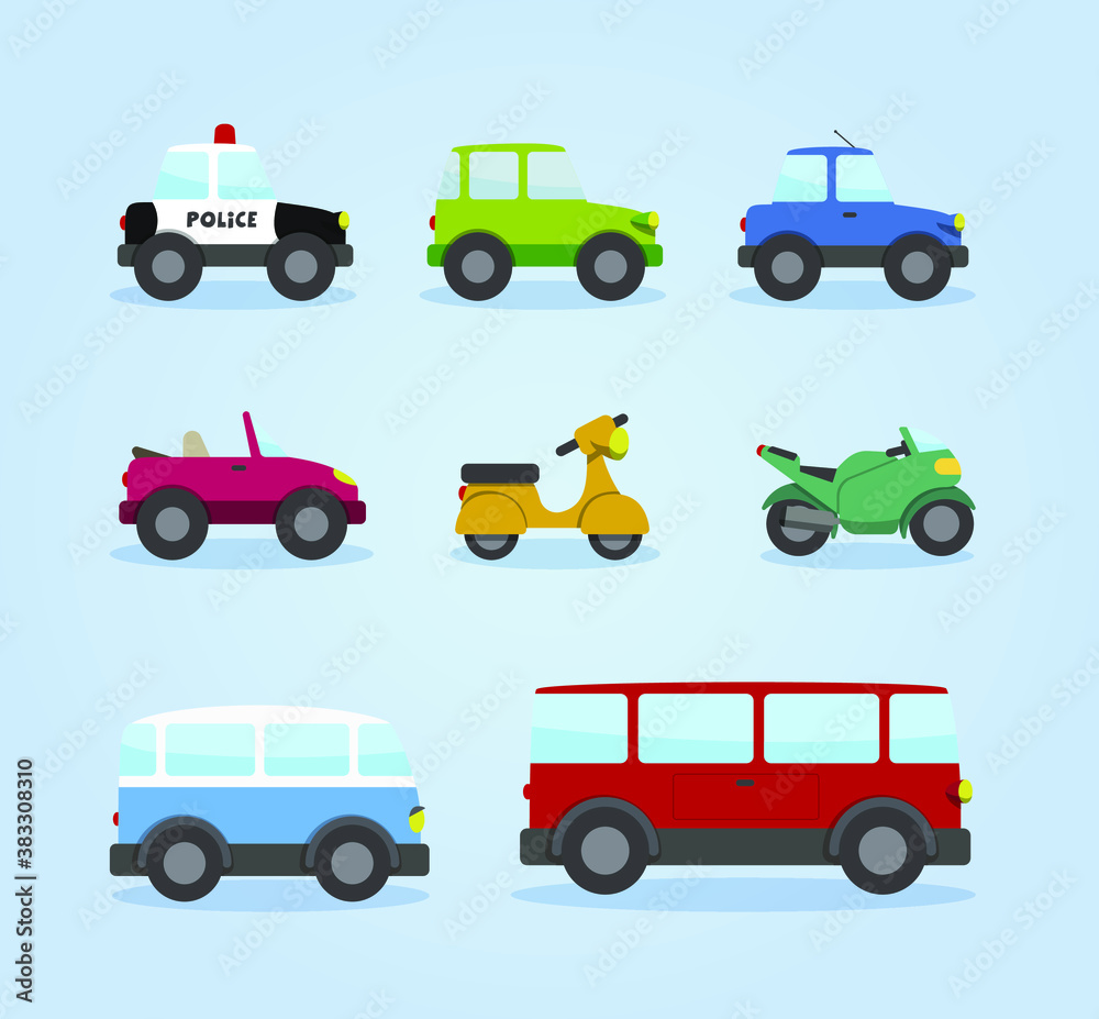 Cars, motorcycles, bus and other vehicles of the city. Cartoon illustration for kids. Cars, motorcycles, bus and other vehicles of the city. Cartoon illustration for kids.