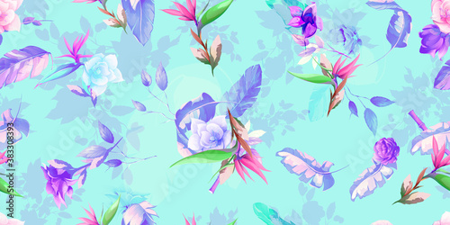Wide vintage seamless background pattern. Tropical leaves, wild flowers on light blue. Abstract, hand drawn, vector - stock.