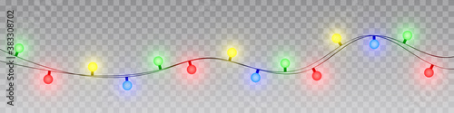 Christmas lights isolated realistic design elements. Glowing lights for Xmas Holiday cards, banners, posters, web design.