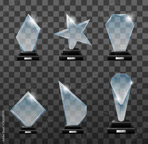 Trophies realistic set. Crystal prizes. Competition winner rewards. Empty glass trophy awards vector set. Glossy transparent trophy for award illustration