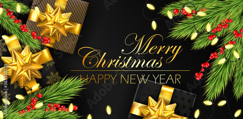 Merry Christmas banner. Happy New Year backgound with christmas light and gifts box. Winter spruce with berries. Xmas