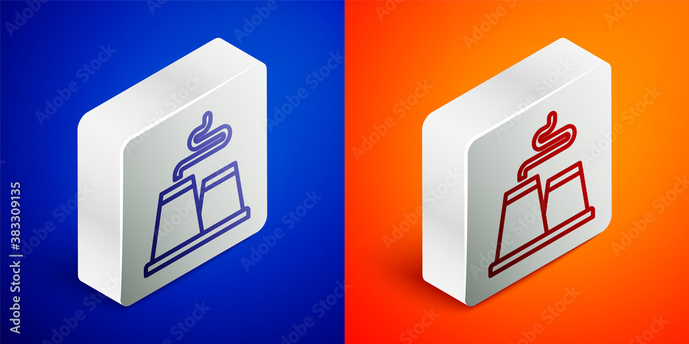 Isometric line Factory icon isolated on blue and orange background. Industrial building. Silver square button. Vector. Isometric line Factory icon isolated on blue and orange background. Industrial building. Silver square button. Vector.