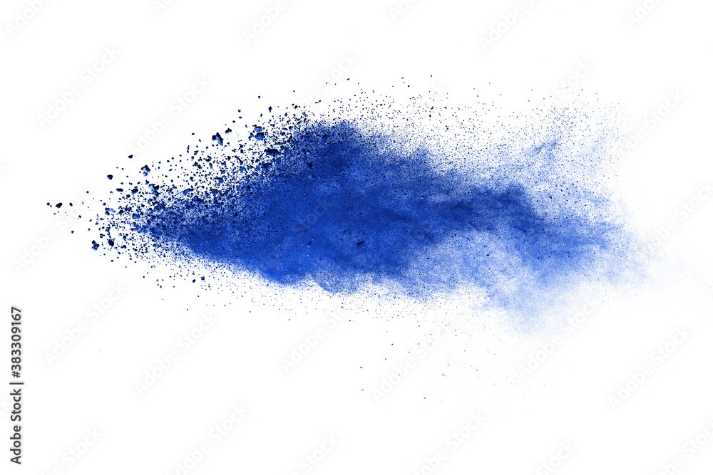 Blue powder particle splash isolated on white  background.