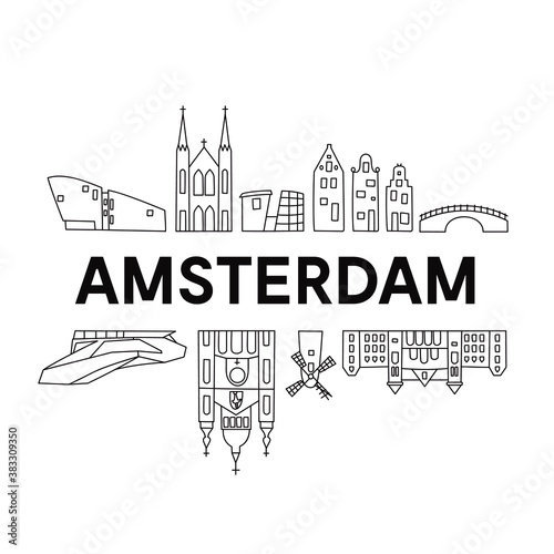 Amsterdam skyline. Cute And Funny Doodle Style. Vector illustration. Original design for souvenirs