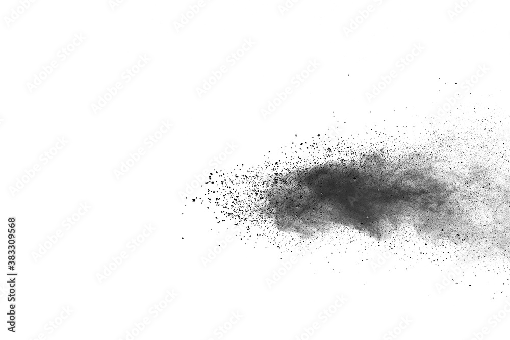 Black powder (Charcoal powder) scattered. Isolated on white background. 