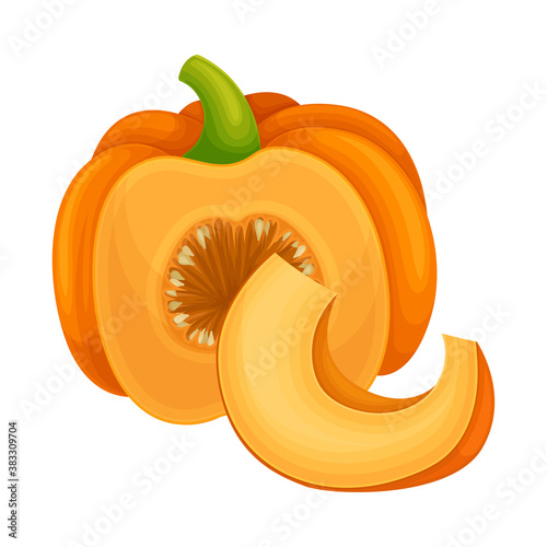 Round Pumpkin with Cut Section Showing Seeds and Pulp Vector Illustration