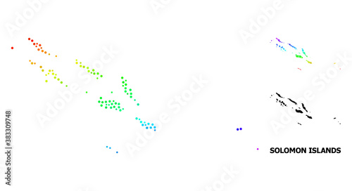 Dotted rainbow gradient  and monochrome map of Solomon Islands  and black tag. Vector structure is created from map of Solomon Islands with spheres. Illustration designed for political templates.