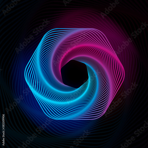 Spiral hexagon. Radial sounwave. Geometric pattern. Swirl lines and waves banner. Futuristic web wallpaper. Spirograph. Motion pulse. Geometric line art. Vector illustration.