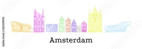 Amsterdam famous buildings. Doodle style.