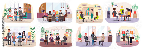 Fototapeta Naklejka Na Ścianę i Meble -  Business characters in meeting room working at their workplaces flat design. Debate group people in modern office. Brainstorming conference. Team do presentation in meeting room. Business consulting