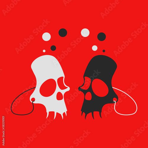 Half skull face masks facing each other. Flat style abstract illustration. 