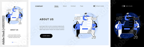 About us website UI kit. Website menu, company information, corporate history and philosophy, starting web page, who we are, UI element, business profile landing and mobile app vector UI template.