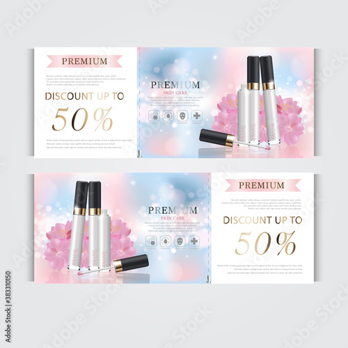 Gift voucher hydrating facial concealer for annual sale or festival sale. silver and gold concealer mask bottle isolated on glitter particles background. Banner graceful cosmetic ads, illustration.