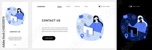 Contact us website UI kit. Contact us web page, website UI, menu bar element, office information, telephone number, physical address, department e-mail landing and mobile app vector UI template.