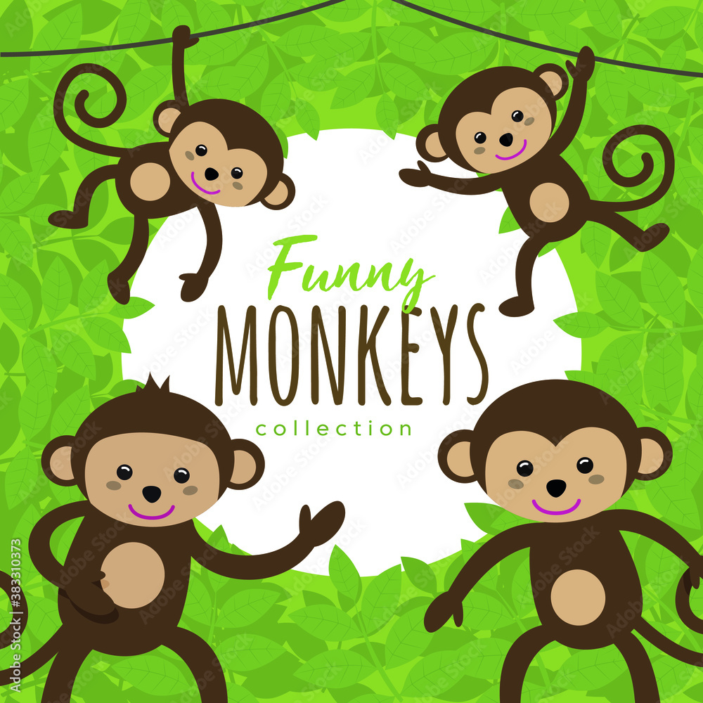 Naklejka premium Monkeys in the jungle. Kid's style, vector illustrator