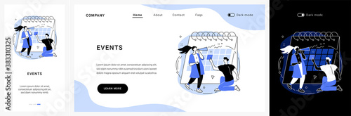 Events website UI kit. Corporate events, event calendar, notification, website menu bar, UI element, business meeting, commercial exhibition, schedule landing and mobile app vector UI template.