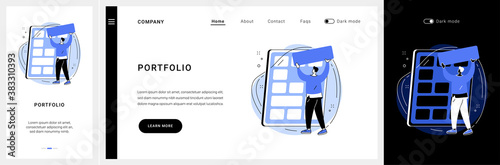 Portfolio website UI kit. Project portfolio, service catalog, product presentation, get to know our work, web element, professional website, menu bar landing and mobile app vector UI template.