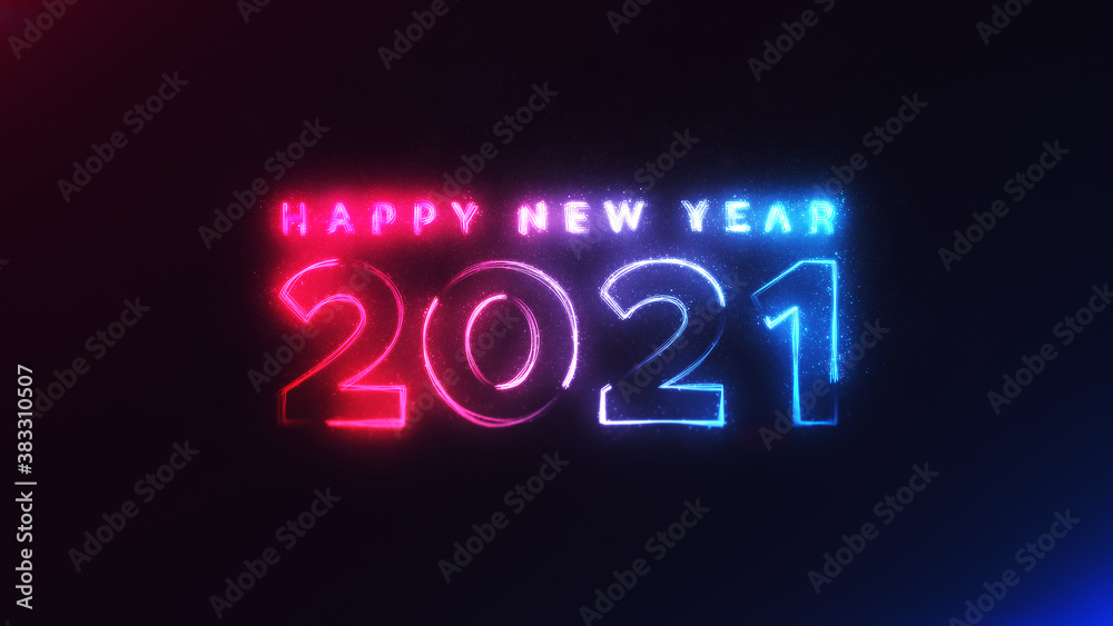 Happy New Year 2021 red blue streak neon particles bokeh background new year resolution concept.	