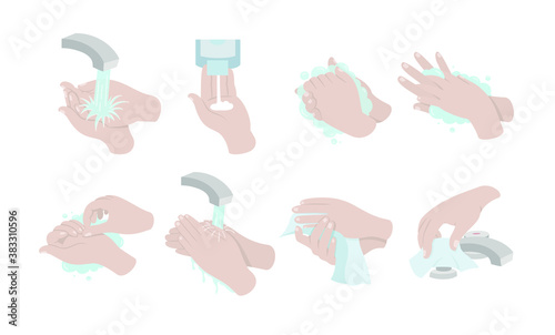 Cómo lavarse las manos correctamente. Ilustración vectorial de lavado de manos. Manos enjabonándose y enjuagando