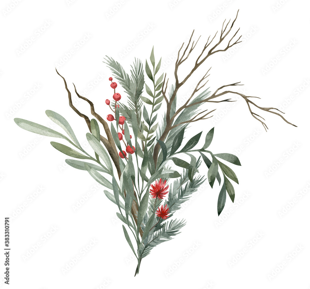 Fototapeta premium Watercolor composition with green winter leaves, branches, berries, eucalyptus. Christmas bouquet isolated on white background. Aesthetic illustration for wedding, business card, promotions