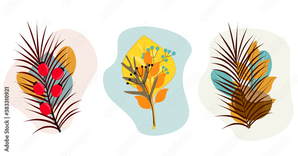 Obraz premium Autumn set of leaves, branches and berries. Bright template for banner, postcards, posters. Vector illustration.