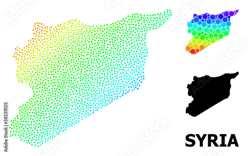 Dotted rainbow gradient, and solid map of Syria, and black name. Vector model is created from map of Syria with spheres. Illustration is useful for geographic posters. Colorful gradient map of Syria,