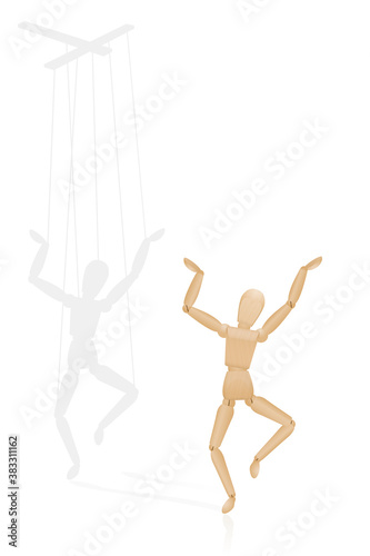 Happy puppet, but covertly dependent on a marionette control bar in the shadow - symbolic for to be led from behind, for manipulation, domination, authority, force, dependence. Vector on white. 