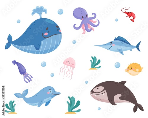 Sea Animals with Whale and Octopus Floating Underwater Vector Set