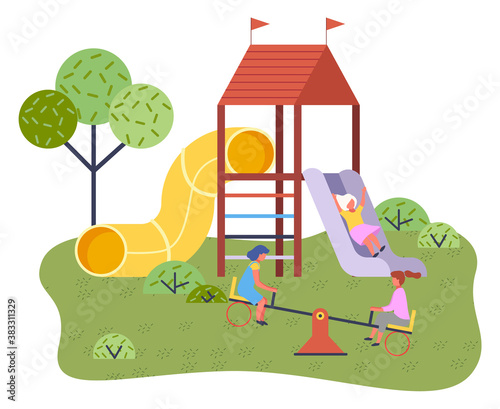 Cute happy cartoon kids playing in playground on the backyard. Childrens summer playground with slide swings and other elements of amusement park for children. Kids summer outdoor activities