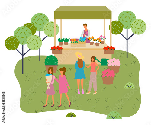 Trade tent with natural flowers in pots illustration. Flowers market stall with female seller. Kiosk with potted flower in city park, flower fair . Women shoppers walking with a bouquet of flowers