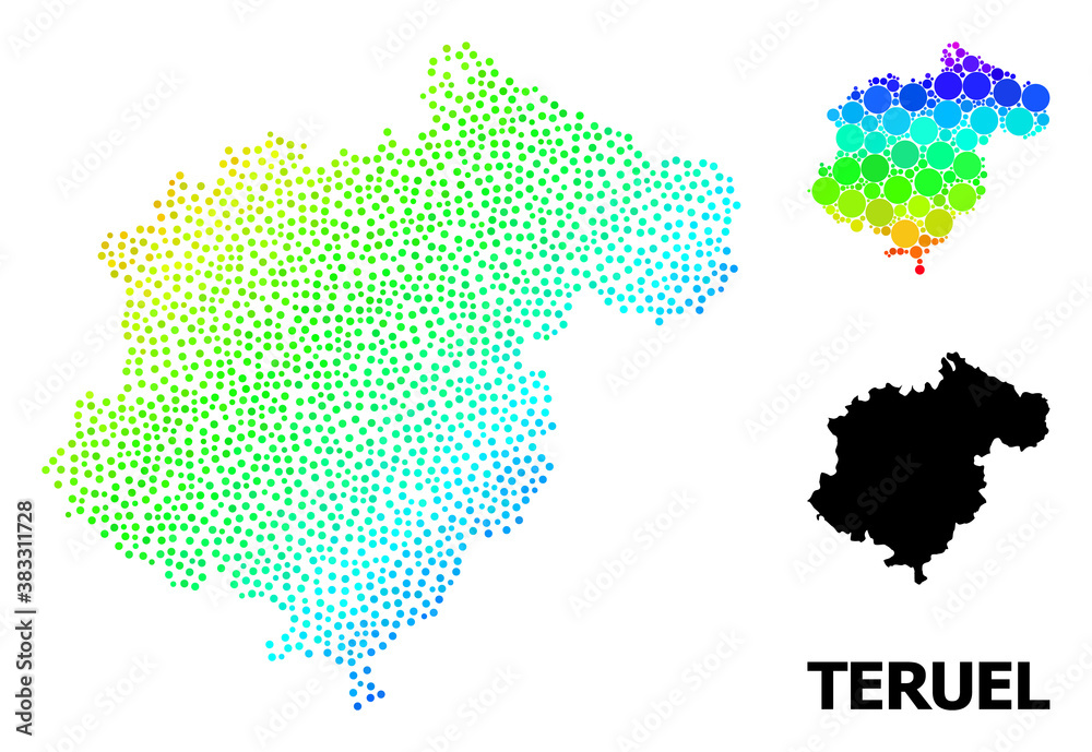 Dot spectral, and monochrome map of Teruel Province, and black text. Vector model is created from map of Teruel Province with round dots. Abstraction is useful for geographic aims.