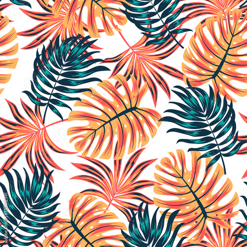 Abstract seamless tropical pattern with bright plants and leaves on a white background. Colorful stylish floral. Seamless pattern with colorful leaves and plants.