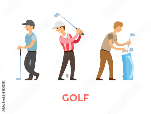 Rich people playing golf vector, players and helpers with box and sticks for characters, isolated males wearing uniform and hat protecting from sun