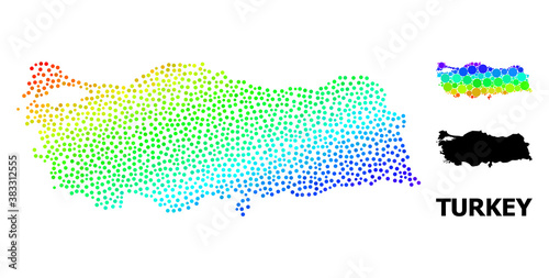 Dot rainbow gradient, and monochrome map of Turkey, and black text. Vector structure is created from map of Turkey with circles. Template is useful for geographic ads. Spectral gradient map of Turkey,