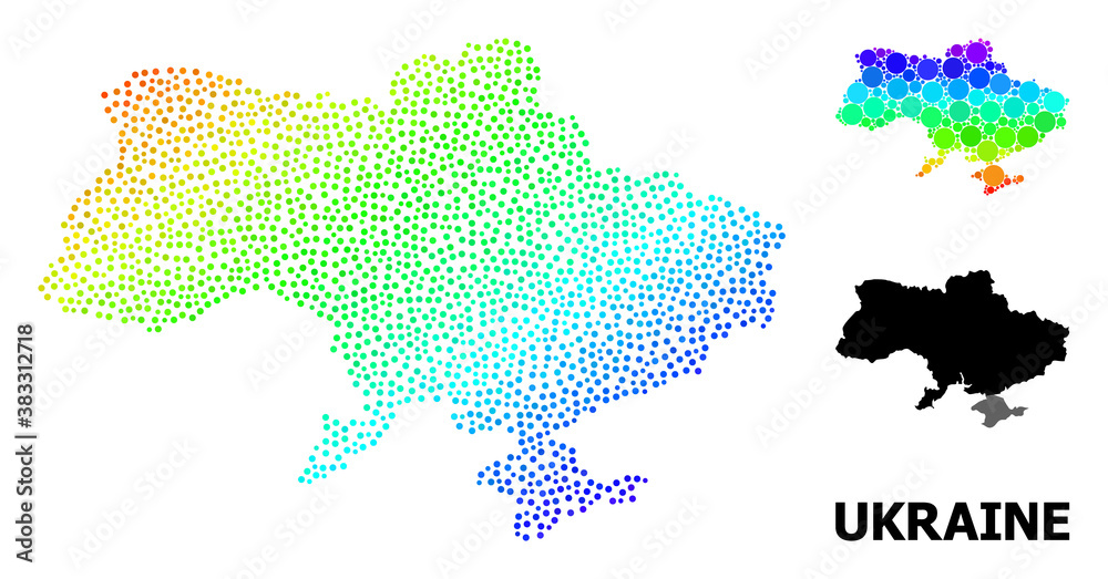 Pixelated bright spectral, and monochrome map of Ukraine, and black name. Vector model is created from map of Ukraine with circles. Collage is useful for political posters.