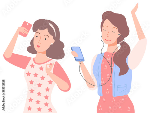 Female character holding smartphones vector, isolated woman with cell phone taking selfie and gesturing. Lady wearing headphones posing listening to music