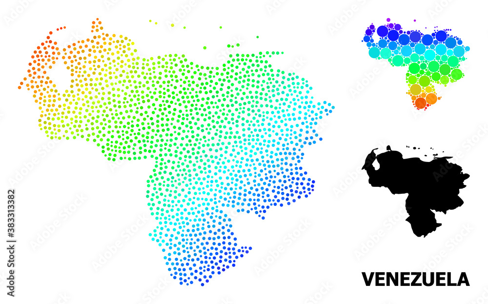 Obraz premium Dot spectrum, and solid map of Venezuela, and black text. Vector structure is created from map of Venezuela with round dots. Illustration is useful for geographic posters.