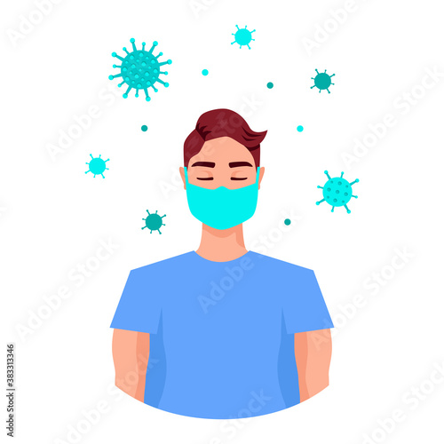 Coronavirus quarantine vector flat illustration. Young handsome man with closed eyes meditate in medical mask. Covid isolation period at home. Male face of dreaming redhead boy