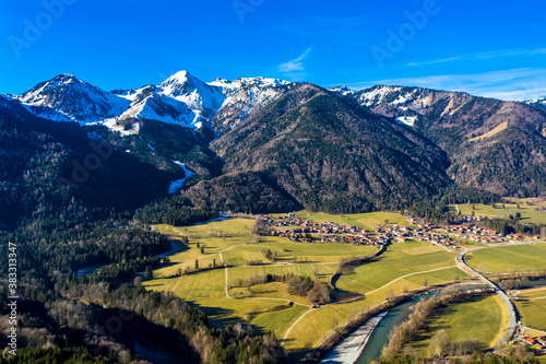 Aerial view, view of Schleching im Achental, Traunstein district, Chiemgau, Tyrol, Germany