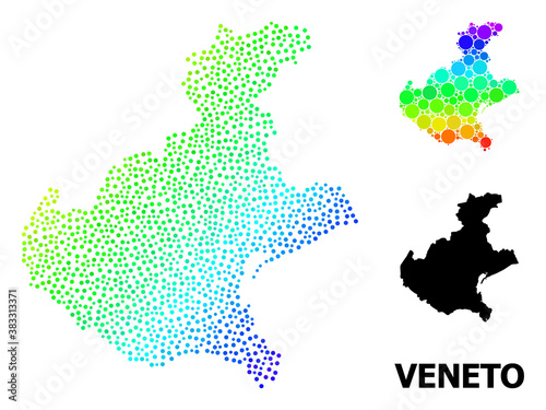 Pixel rainbow gradient, and solid map of Veneto region, and black caption. Vector structure is created from map of Veneto region with circles. Collage for political ads.