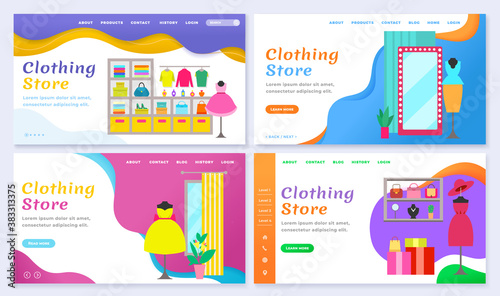 Set of clothing stores and shops website or webpage. Landing page with products representation. Changing room and mannequins and fashionable clothes in clothing store. Vector in flat illustration