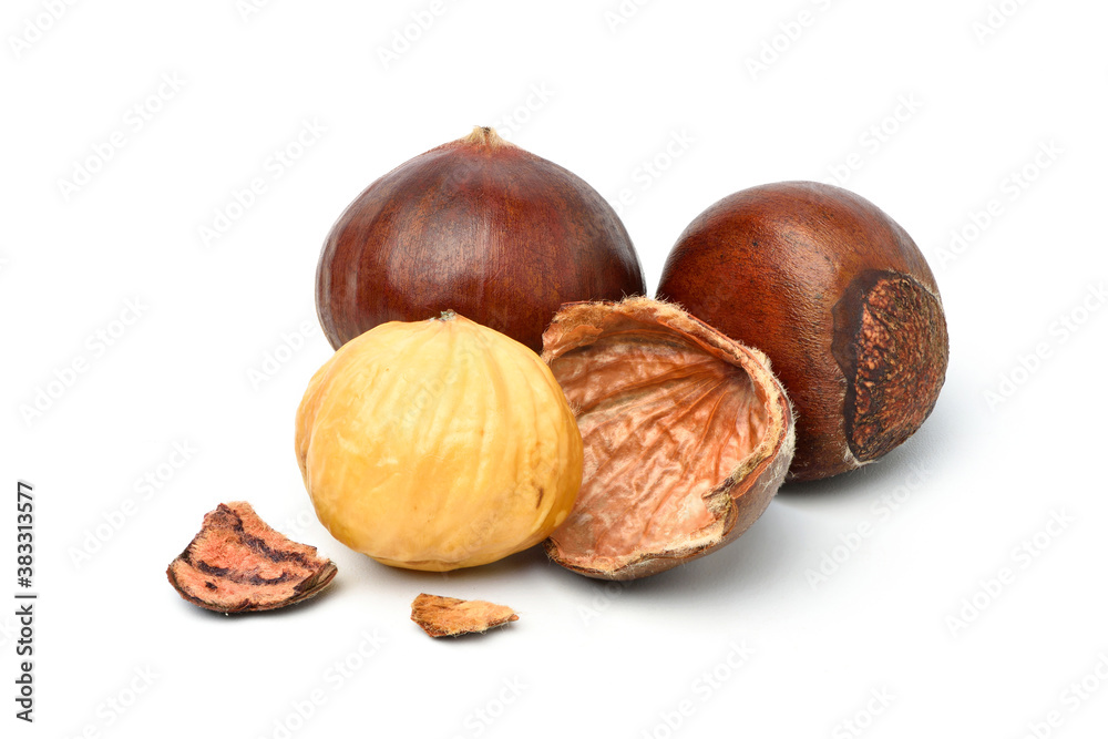 Close-up Chestnuts with peeled isolated on white background. Close-up Chestnuts with peeled isolated on white background.