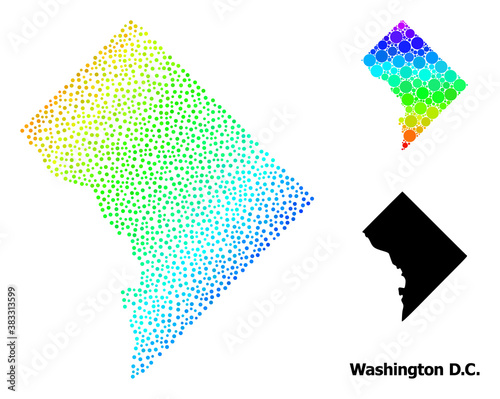 Pixelated bright spectral, and monochrome map of Washington DC, and black text. Vector model is created from map of Washington DC with spheres. Abstraction is useful for geographic templates.