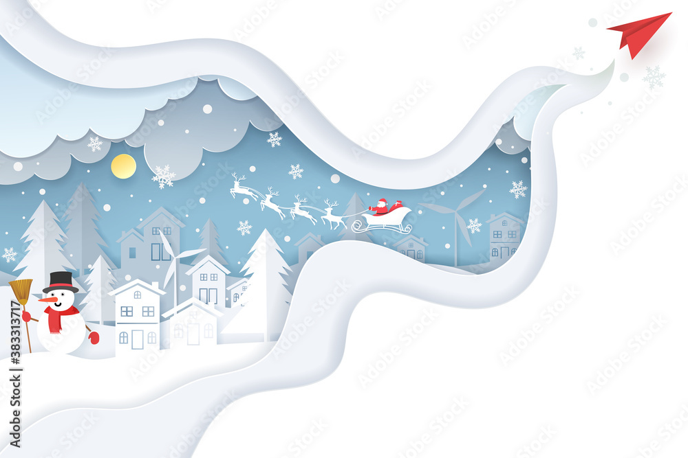 Paper art and digital craft style of Christmas card, Happy new year greeting card, Snow with Santa driving his sleigh in forest. Happy New Year and Merry Christmas concept.