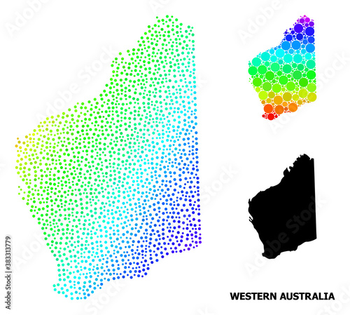 Pixelated rainbow gradient, and monochrome map of Western Australia, and black caption. Vector structure is created from map of Western Australia with spheres.